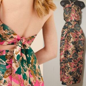 Karen Millen Floral Jaquard Halter Column Dress Pink Green Cutout Maxi SZ US 8